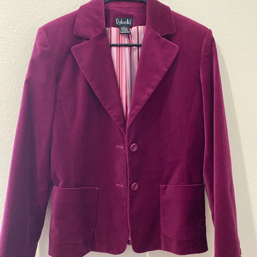 Purple velvet blazer.